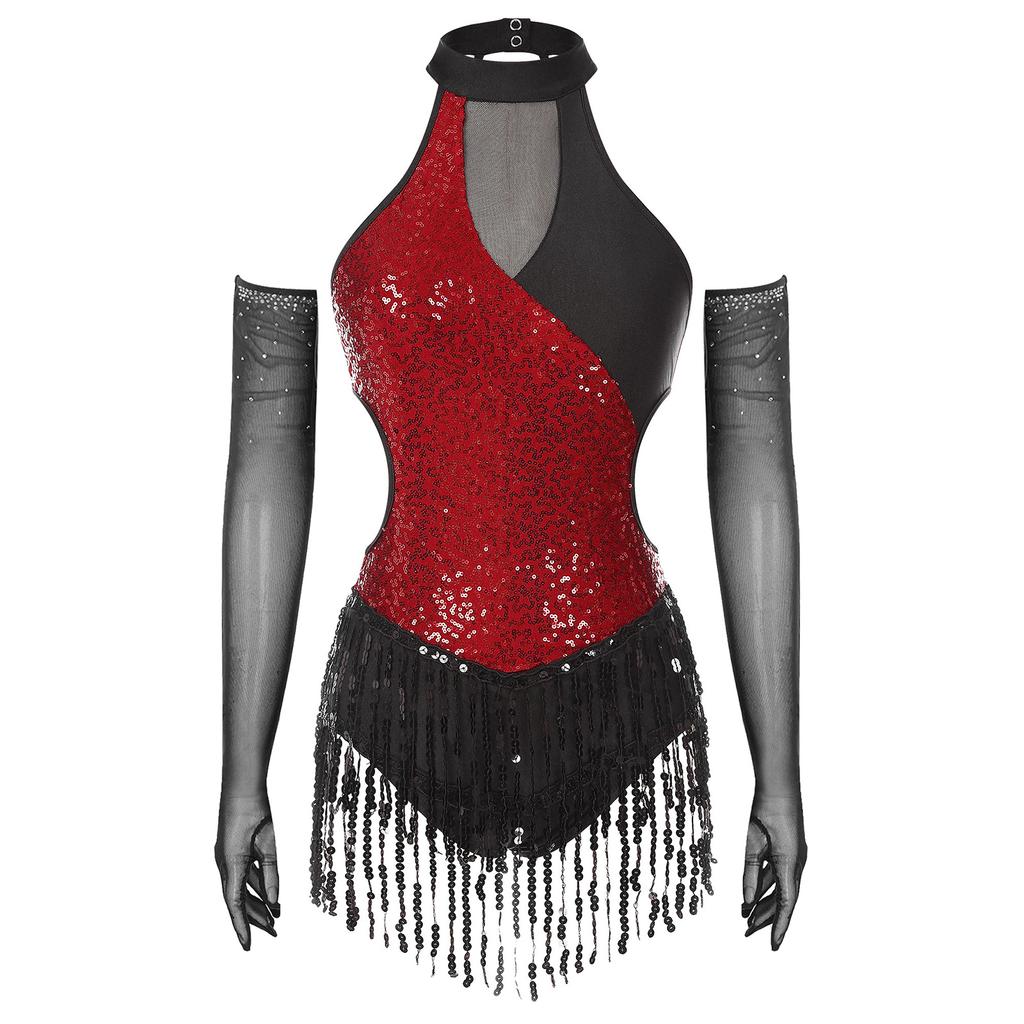 Womens Latin Figure Skating Jumpsuit Sleeveless Sequined Tassel Leotard Bodysuit Matching Mesh Gloves