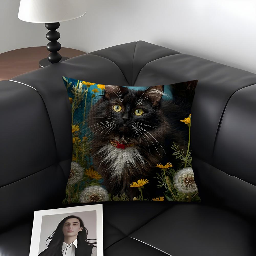 Cat And Flower Fashion Cushion Cover Natural Linen Organic Fabric DoubleSided Printing Sofa Home Decor Gift Pillow Case