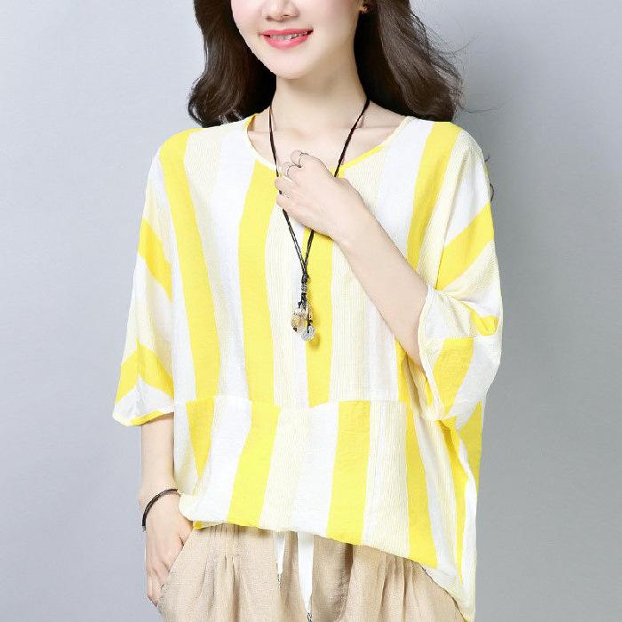 

Топ с рукавом три четверти для женской летней одежды Новая толстая ММ свободная тонкая летучая мышь рубашка повседневная полосатая футболка из ледяного шелка для женщин 4XL жёлтый