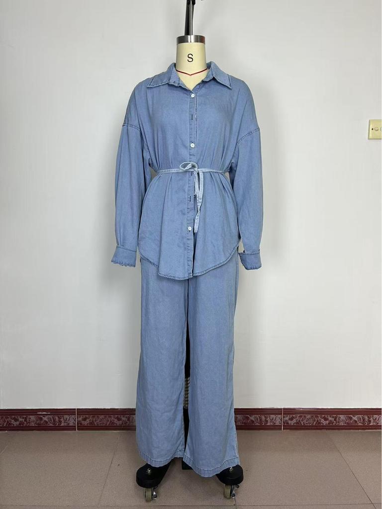 2025 Autumn/Winter European & American Fashion: Women's Loose Fit Denim Coat and Tie Shirt Set