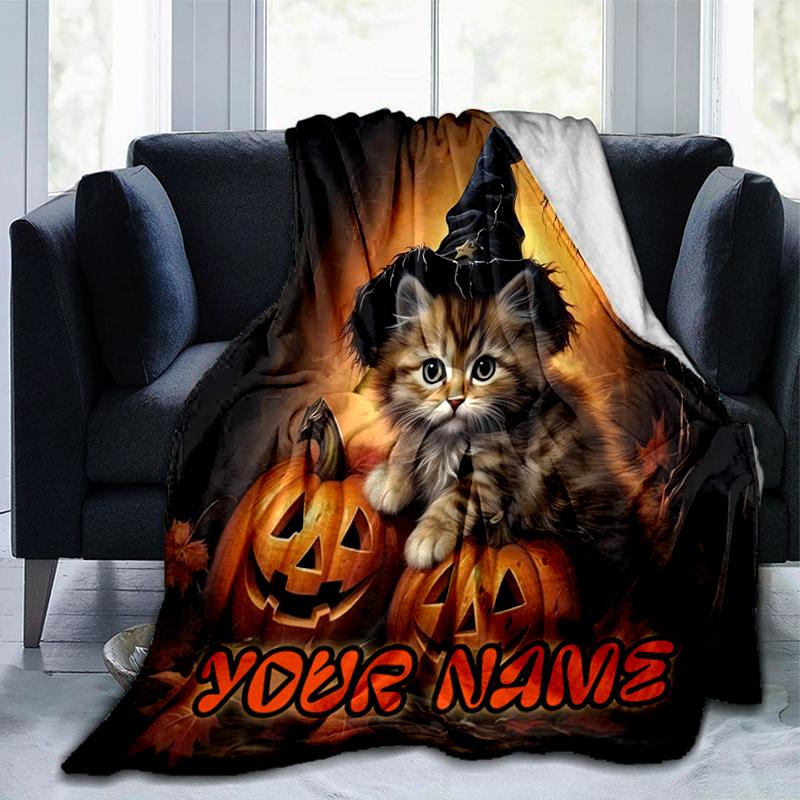 1PC Custom Name Halloween Kitten Pumpkin Flannel Blanket Versatile,all-season Throw Suitable for the Living Room,bedroom,camping,travel,and Gift