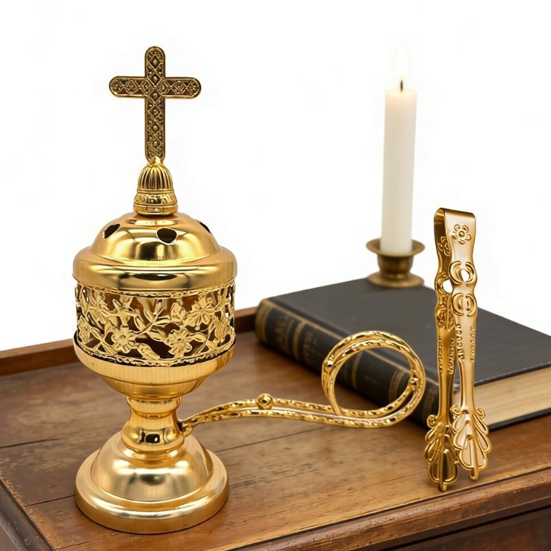Antique Design Metal Fragrances Burners With Crosses Lid Frankincense Incenses Stove For Spiritual Use Home Church