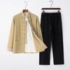 Herren Chinesischer Tang-Anzug: Frühlings-/Herbst-Baumwoll-Leinen-Set mit Froschknöpfen - Retro Mönch Teezeremonie Hanfu Robe.