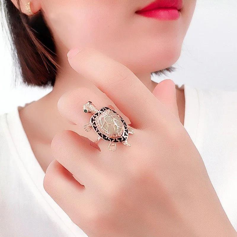 Creative Fashion New in Exquisite Turtle Rings for Women Charming Party Copper Plated Rose Gold Zircon Opening