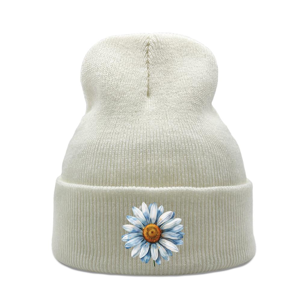 Blue Daisy Print Warm Winter Hats Unisex Knitted Hat Beanie Man Cap Stretchy Warm Knit Cap Beanie Ideal Choice For Gifts