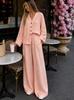 Women's Summer New European and American V-neck Wooden Button Loose Long-sleeve Top, Elastic Waist Wide-leg Pants Two-piece Set