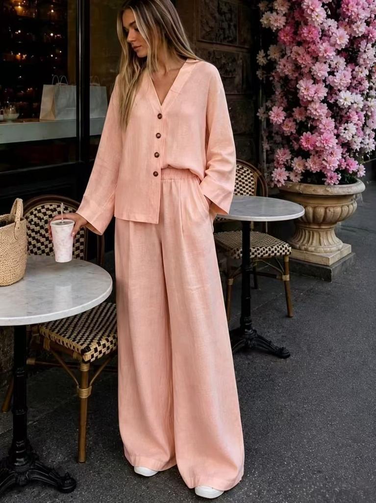 Women's Summer New European and American V-neck Wooden Button Loose Long-sleeve Top, Elastic Waist Wide-leg Pants Two-piece Set
