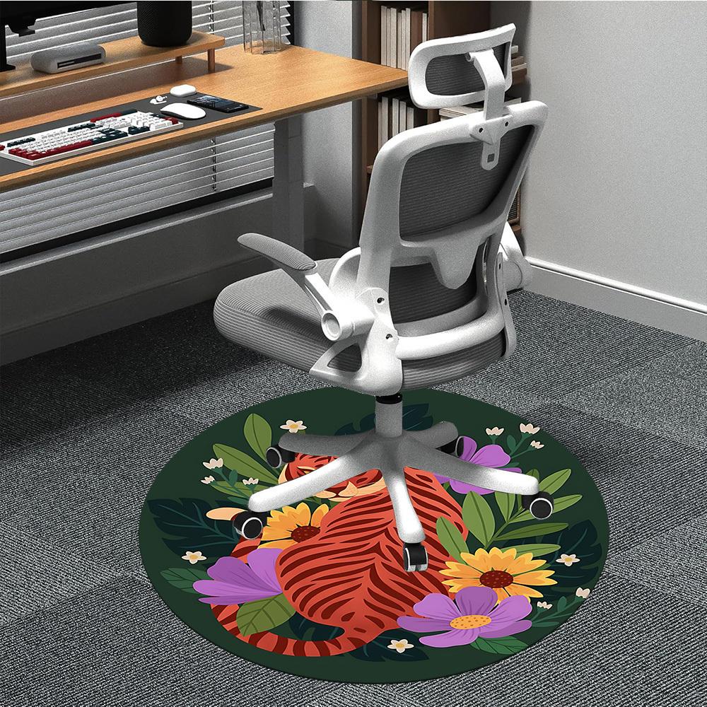 1pc Tiger Flowers Office Round Area Rug,  Mat Suitable For Office, Under Office Chairs Bedroom Living Room Home Decor, Room Deco