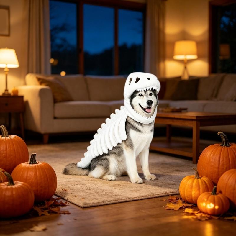Halloween Dinosaurierskelett Kostüm für Haustiere, Skelettschädel und Rippen Design Outfit mit gepolsterter Wirbelsäule und Schwanz für Hunde und Katzen Cosplay