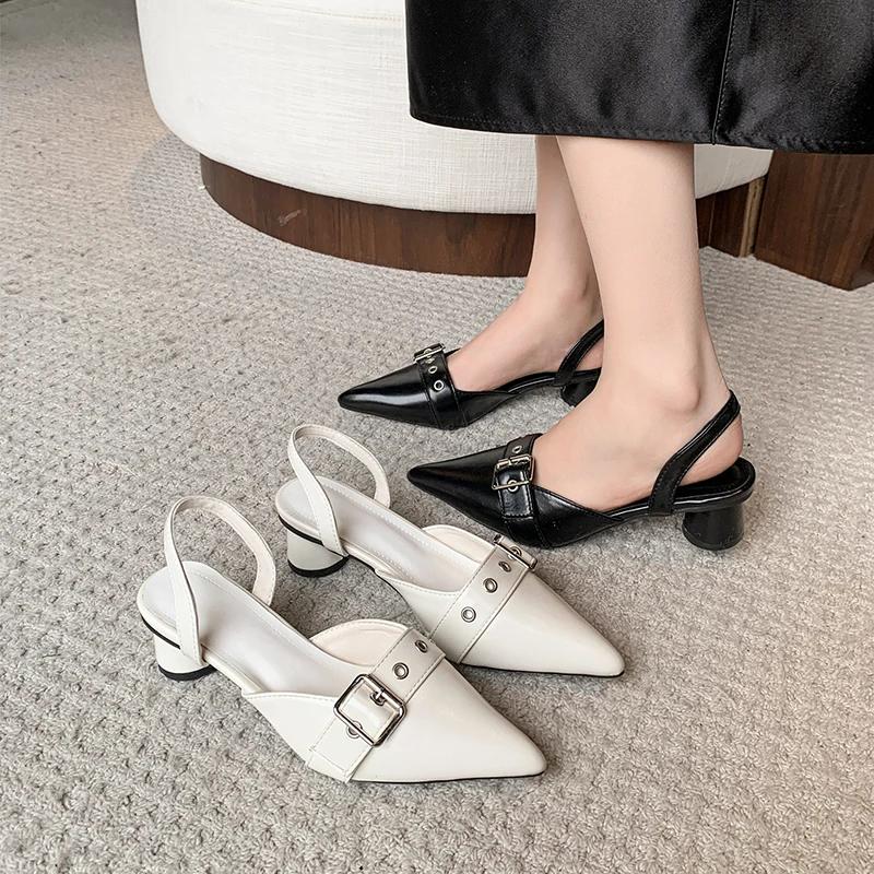 Small Fragrant Style Women Shoes Circle High Heel Sandals Solid Color Pointed Toe Ladies Back Style Single Shoes Shoes for Women