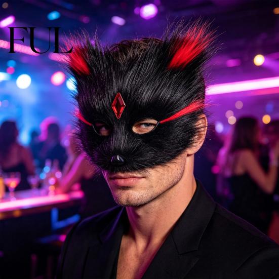 Adjustable Strap Fox Mask Halloween Half Face Mask, Plush Animal Masquerade with Women Girls Cosplay Masks Rhinestone Gems, Party Prop for Ball Props