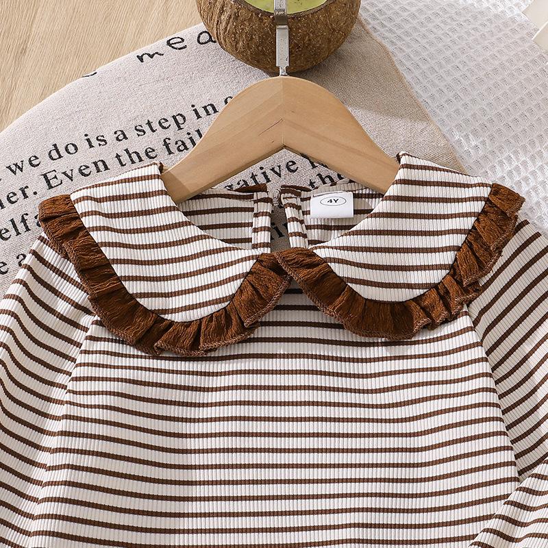Girls' Outfit Children's Clothing 2025 Autumn New Cute Doll Collar Long Sleeve Striped Top Long Pants 2-Piece Set