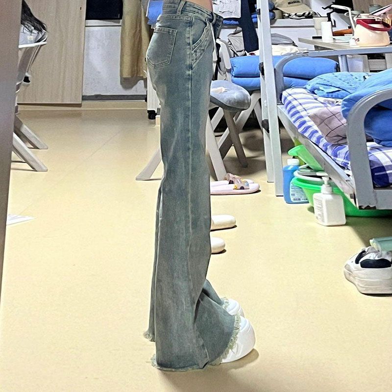 Fließende Nostalgia Blue Micro Flare Jeans Koreanische Version Ins Damen Sommer Jute High-Waist Schlaghose Locker Dünn Hufeisenhose Retro Jeans