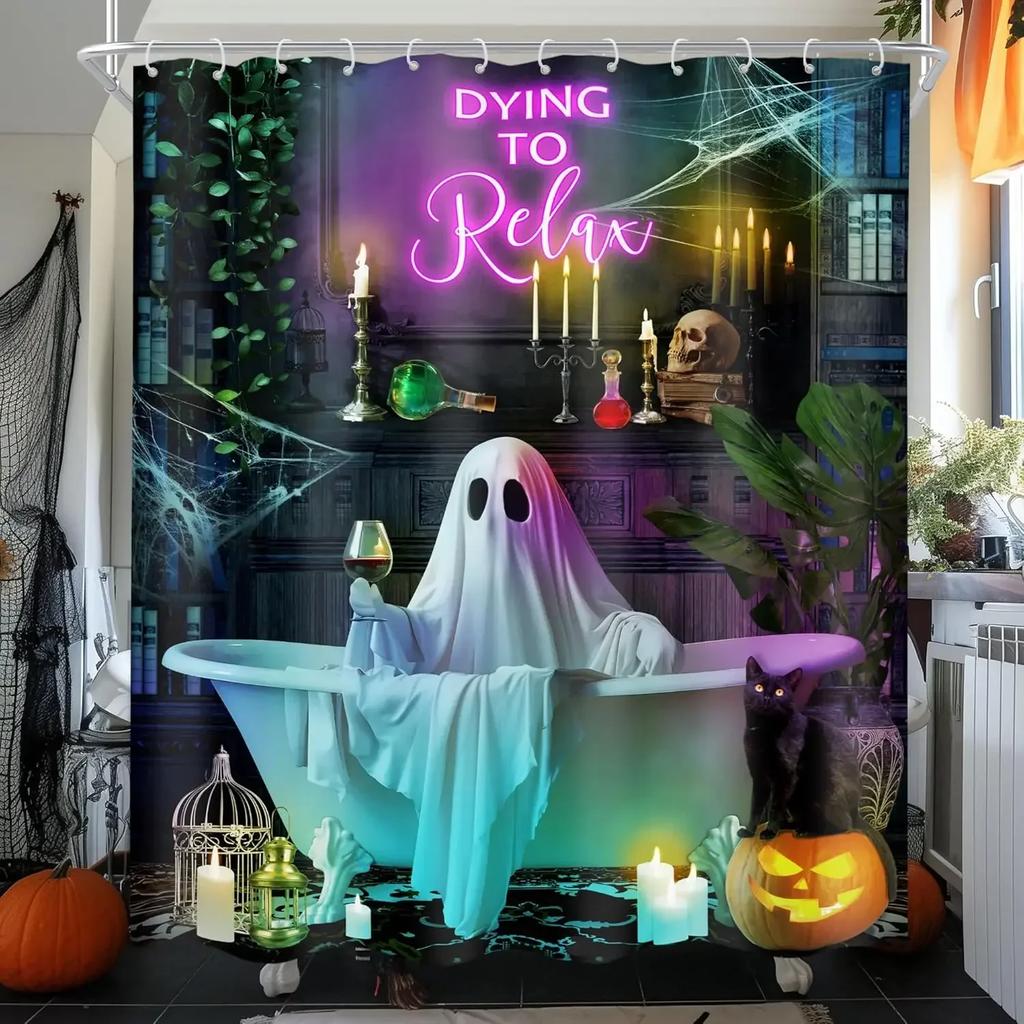 Halloween Scary Spooky Shower Curtain Pumpkin Bat Spider Scary Skeleton Holiday Gift Shower Curtains Bathroom Decor with Hooks