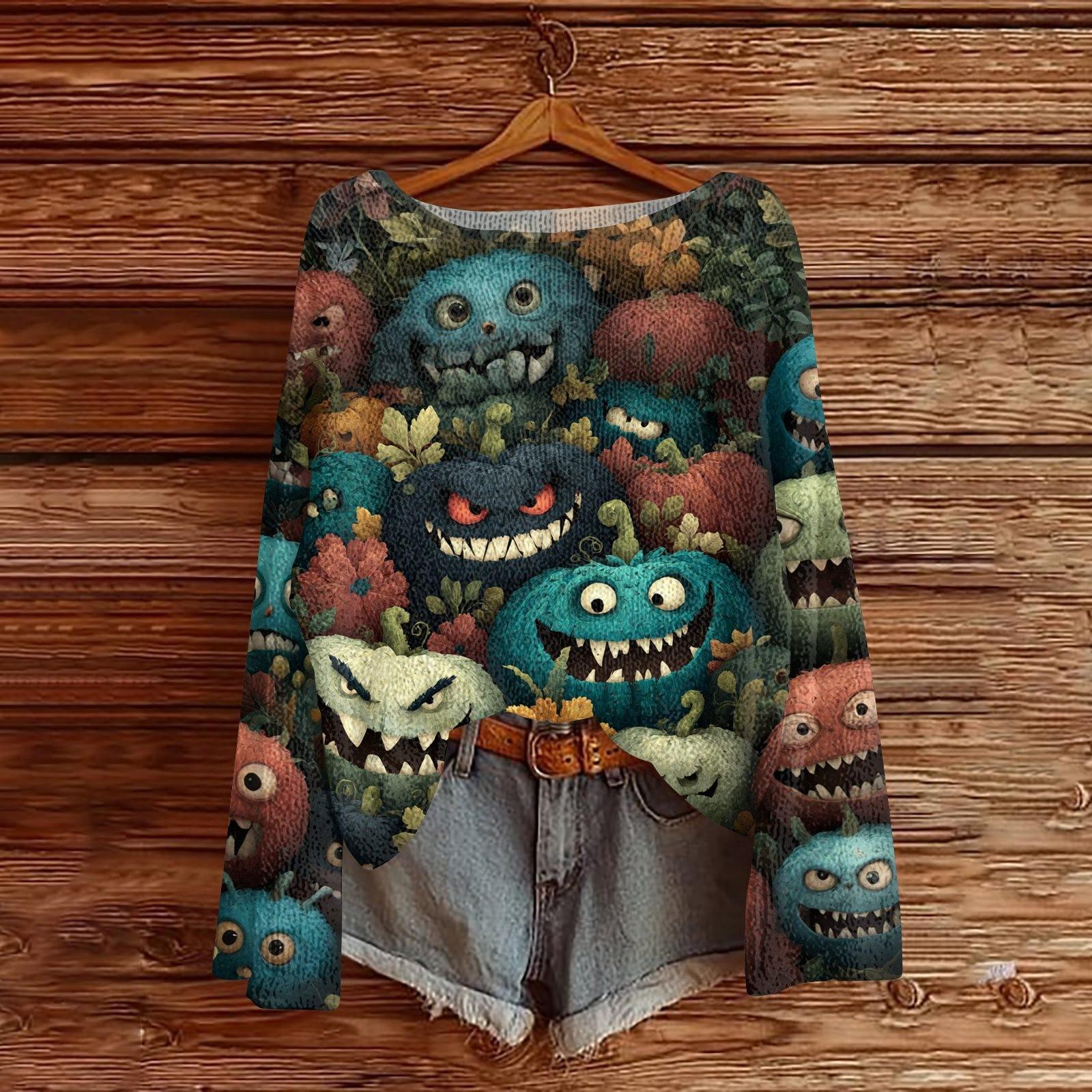 

Свитшоты на Хэллоуин для женщин, вязаный свитер, милая рубашка, осенний свитер с круглым вырезом, топы XL