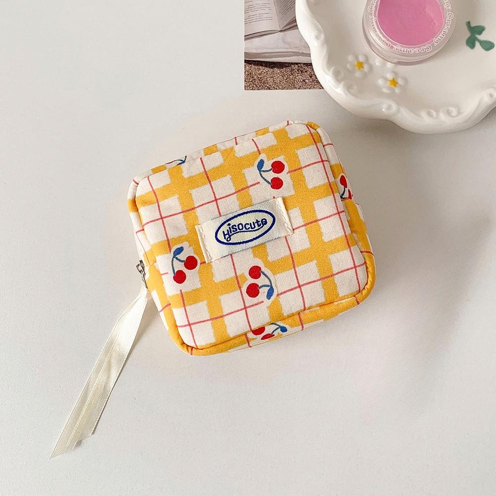 Stoff Kleine Kirschen Muster Aufbewahrungstasche für Mädchen Tragbare Binden Tasche mit Fächern Mini Tasche, Kleine Quadratische Tasche