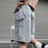 Men Denim Shorts Elastic Drawstring Waist Wide Leg Pockets Shorts with Straight Solid Color Casual Shorts Streetwear