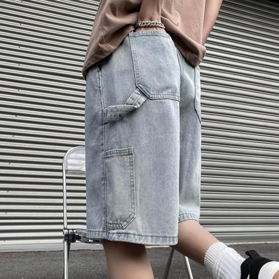 Men Denim Shorts Elastic Drawstring Waist Wide Leg Pockets Shorts with Straight Solid Color Casual Shorts Streetwear