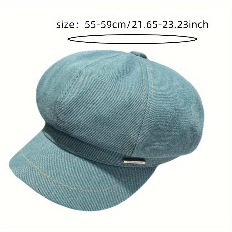 Women'S Denim Beret Hat with Metal Tag, Washed Distressed Design, Sun Protection, Inelastic, Stripe Craftsmanship, Versatile for Spring & Fall Outings