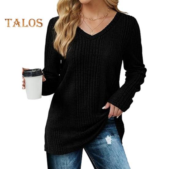 Women Tunic Sweater V-Neck Long Sleeve Solid Color Ribbed Casual Tops Slim Fit Knitted Loose Fit Fall Tops