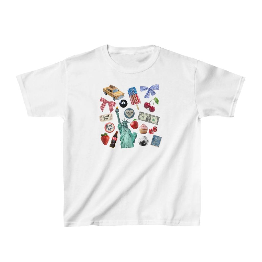 American retro YK millennial pomegranate pattern short-sleeved short T-shirt Spice Girl slim-fit front shoulder open-button top trendy