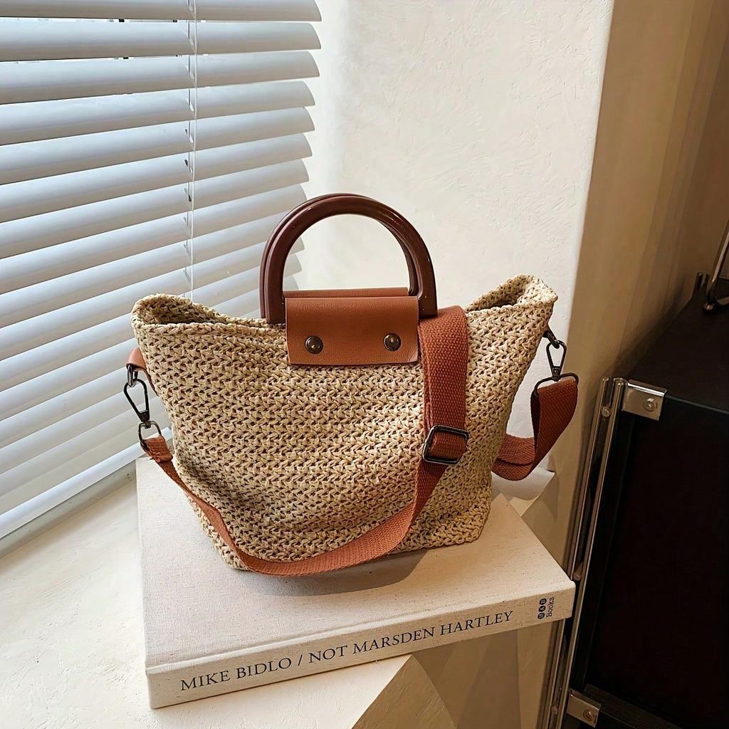 Women'S Shoulder Bag - Compact Rattan-Style Handbag with Fixed Strap, Zip Closure, Travel & Casual Use
