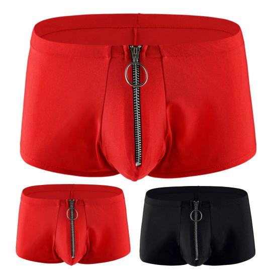 Men Boxers Zipper Closure Low Waist Elastic Solid Color U Convex Soft Breathable
