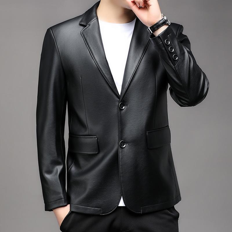 Nová kožená bunda pro muže na podzim a zimu, měkká kožená bunda s límečkem, střední a mladá pánská ležérní kožená bunda na dva knoflíky
