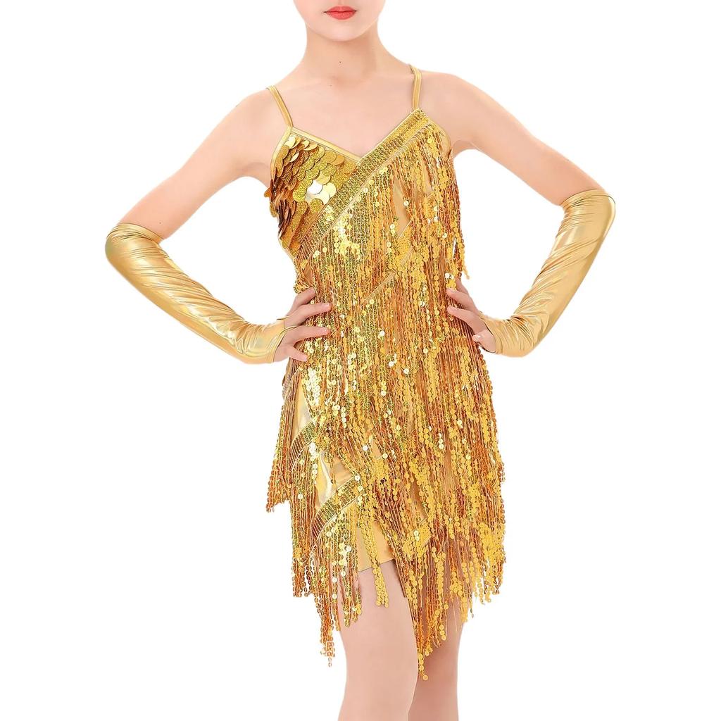 Abito Latino Jazz Scintillante con Paillettes e Frange per Bambine e Ragazze con Guanti Outfit Costumi per Gara di Danza di Sala Prove