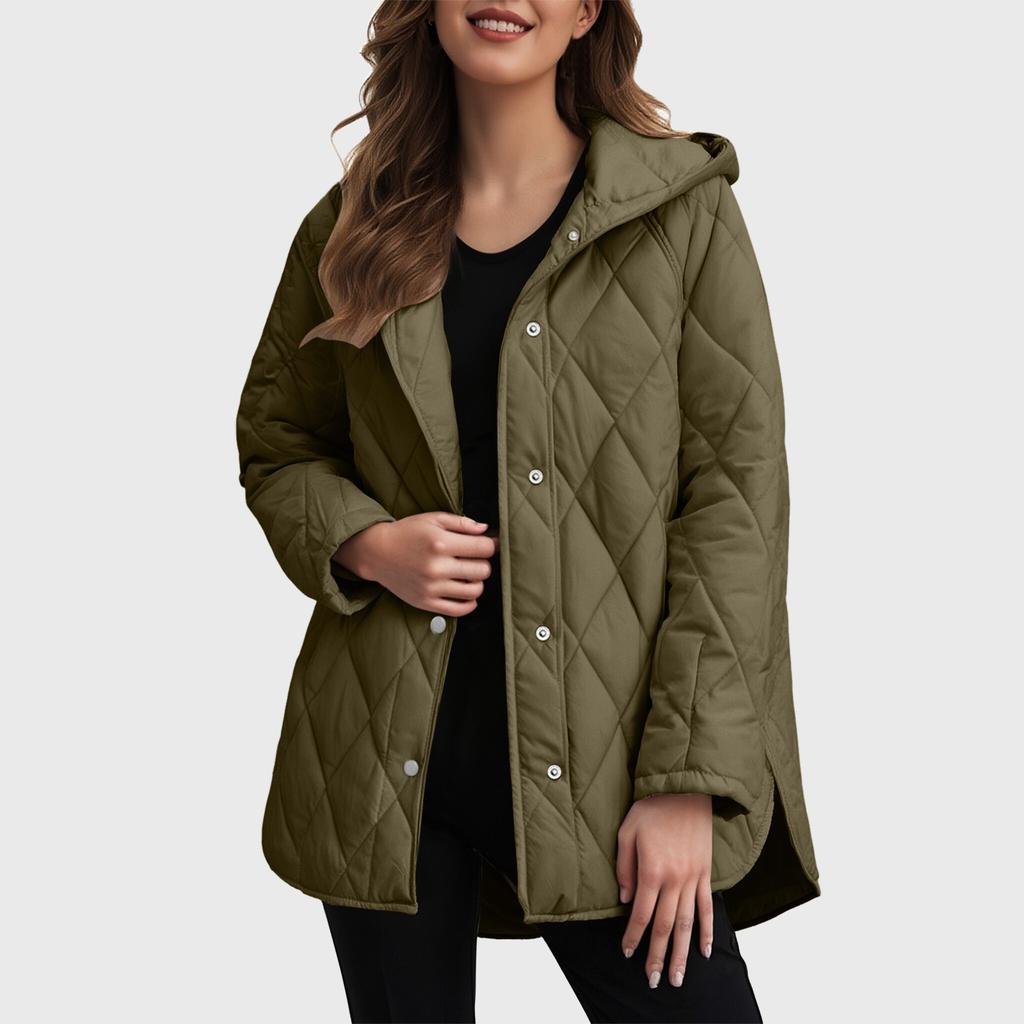 Herbst Winter Mode Jacke Mantel Damen Parkas Freizeit Gewellter Rand Kapuze Baumwolle Gepolsterter Mantel Gitter Muster Oberbekleidung