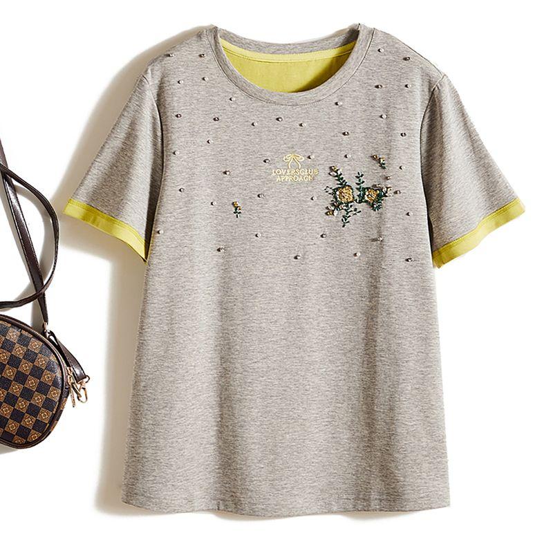 

Big Design! European and American Single Women s Short-Sleeved Woven Stretch Cotton Embroidered Beaded Breathable Summer T-shirt in Contrast Color Grey L
