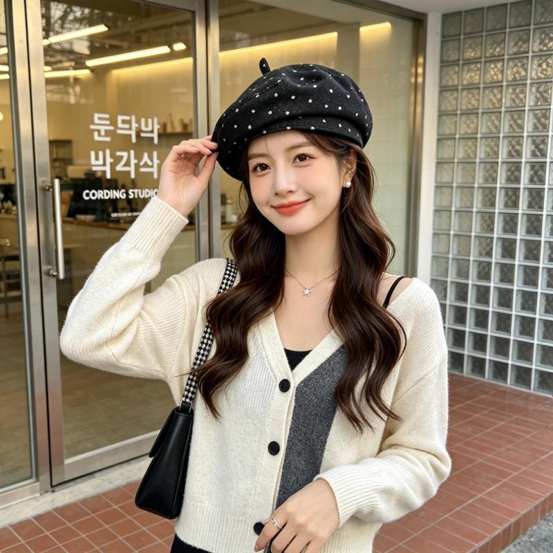 Women S Vintage Polka Dot Beret Hat Large Size Fashionable Painter Cap