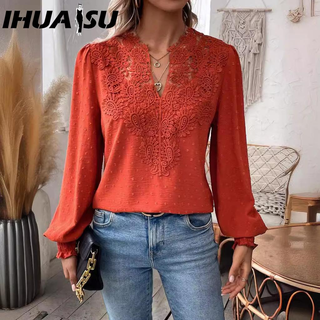 IHUASU Autumn Winter Fashion V-neck Lace Solid Color Long Sleeve Casual T Women's Top