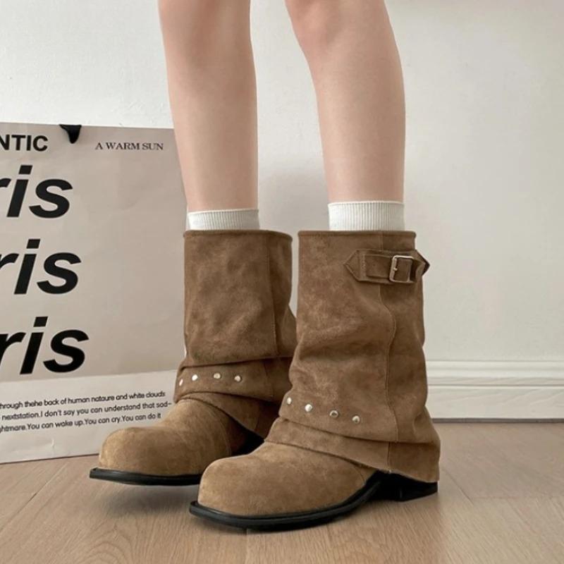 Winter Pleated Women Western Ankle Boots Fashion Rivet Belt Buckle Shoes Ladies Concise Vintage Thick Heel Short Booties