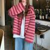 Damen Oversized V-Ausschnitt Strick Cardigan Pullover Rote Streifen Weich Gemütlich Winter Oberbekleidung Lässig Lockere Passform