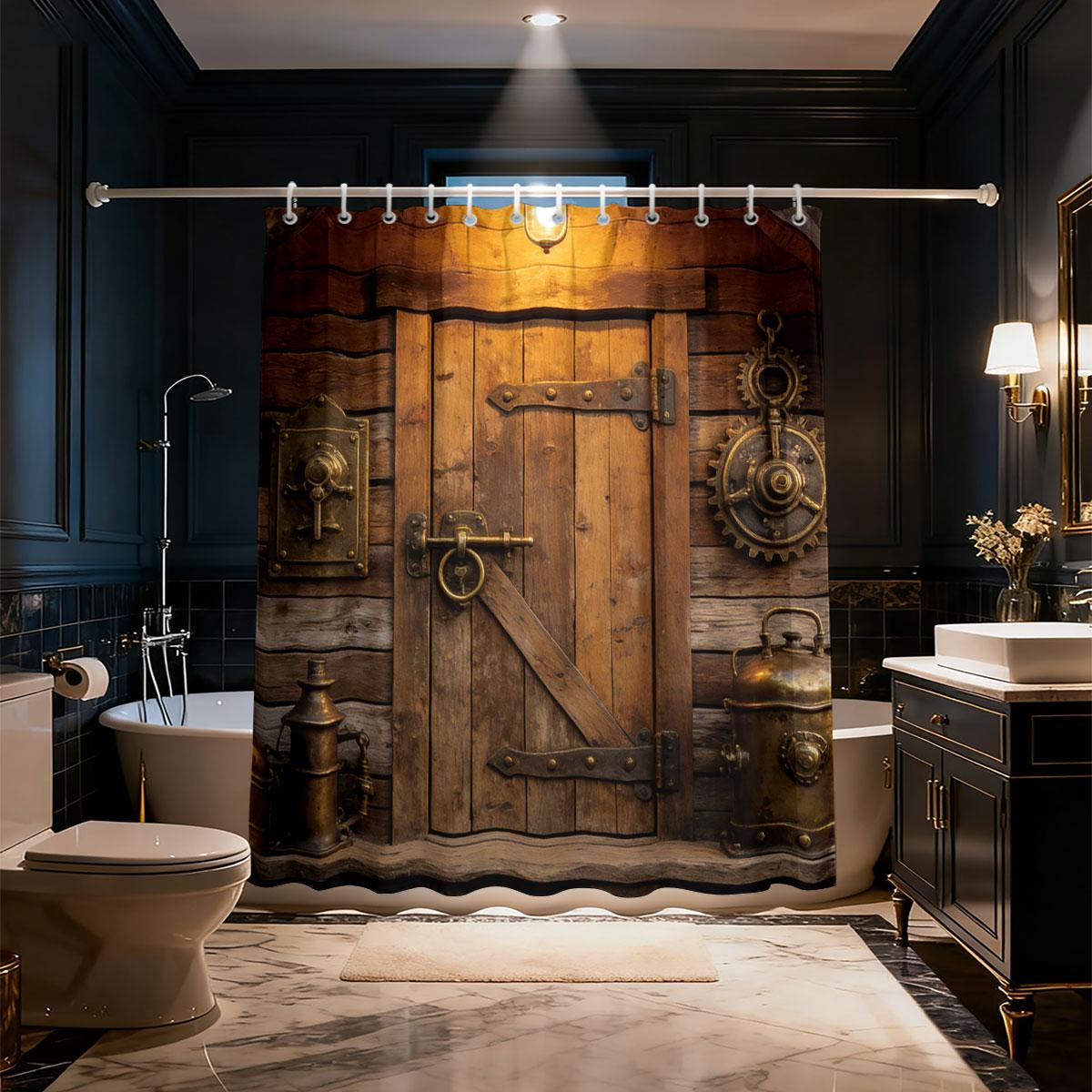

1Pc Imitation Retro Wooden Door Printing Waterproof Bathroom Partition Privacy Shower Curtain 12 Hooks, Multiple Sizes W60H190(CM)-1 Pcs