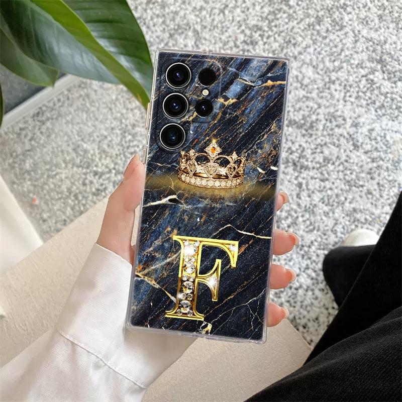 Initial Letter E M I J L Phone Case For Samsung Galaxy S24 S23 Ultra S22 S20 Plus S21 FE Clear Cover Fashion Marble Crown Fundas