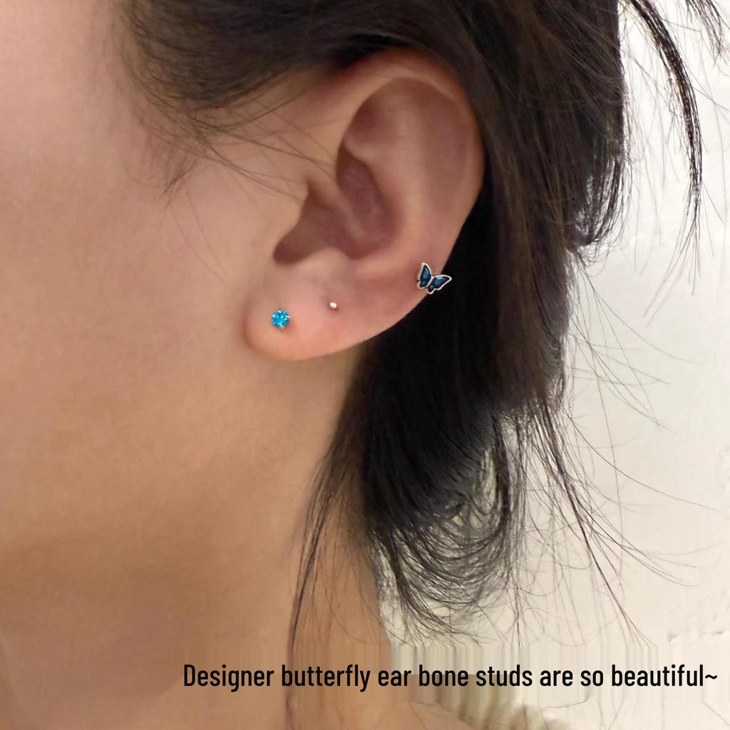High-End 999 Sterling Silver Blue Butterfly Earrings: Elegant Small Ear Studs for Women