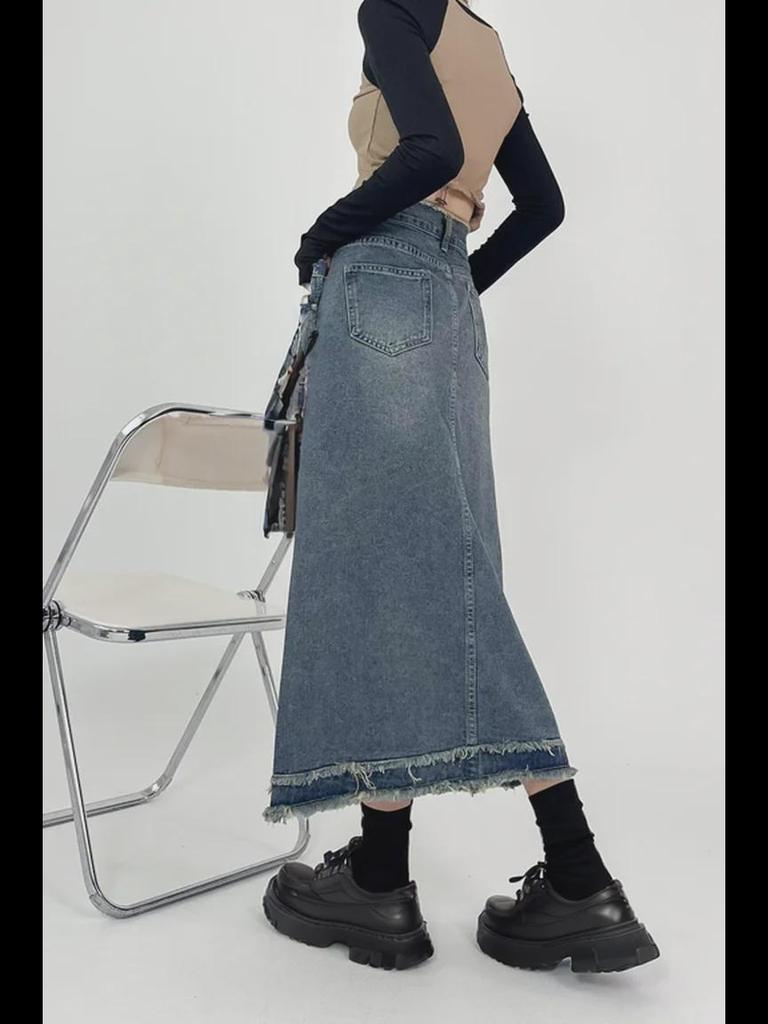 Retro Women's High-Waist A-Line Denim Skirt, Raw Edge, Summer Style