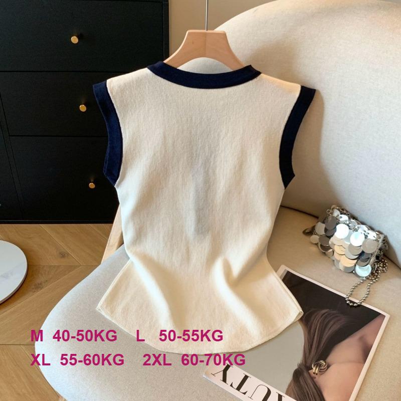 Women's Sleeveless T-shirt Elegant Button Round Neck Colorblock Knit Sleeveless Tshirts Cami Summer Elasticity Commuting Tops