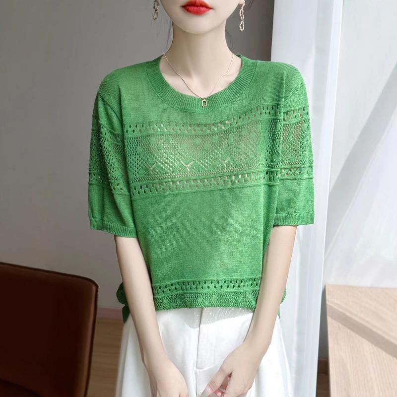 This Summer's New Hollowed-out Knitted Short-sleeved T-shirt Is A Versatile and Slimming Round-neck Top