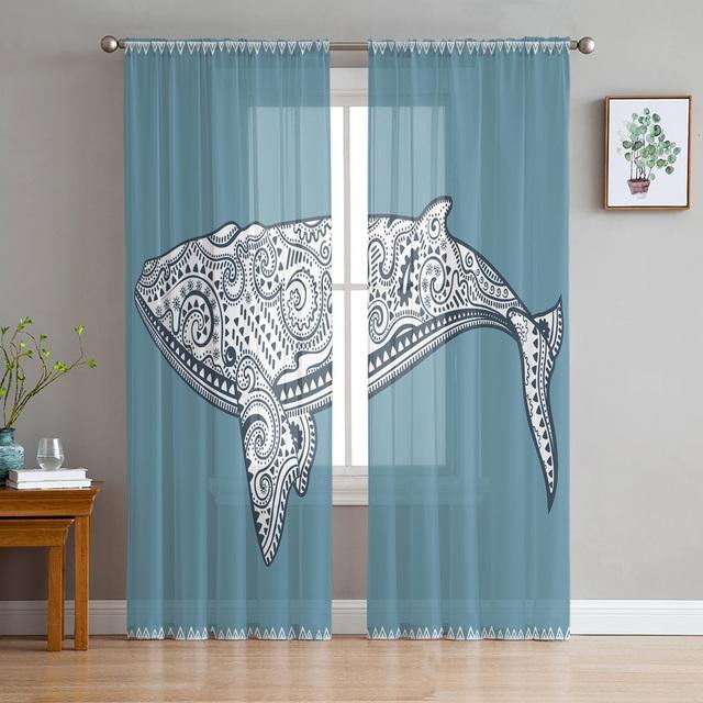 Whale Animal Illustration Tulle Curtains For Living Room Decoration Modern Chiffon Sheer Voile Kitchen Curtain