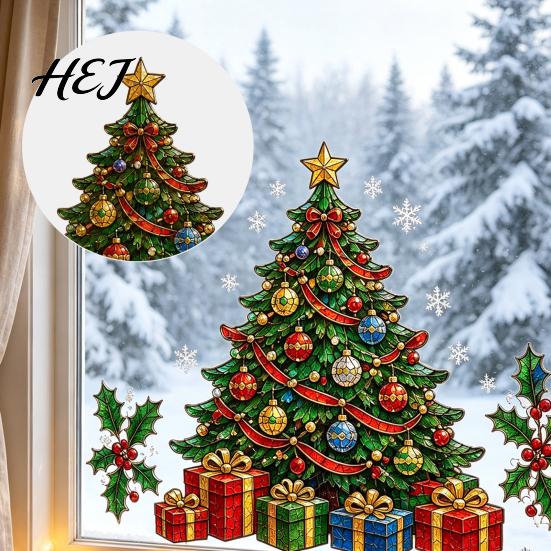 Festive Home Decorations Christmas Window Stickers, Winter Holiday Decorations, Art with Xmas Tree Party Supplies Snowman Angel Patterns for Wall Door