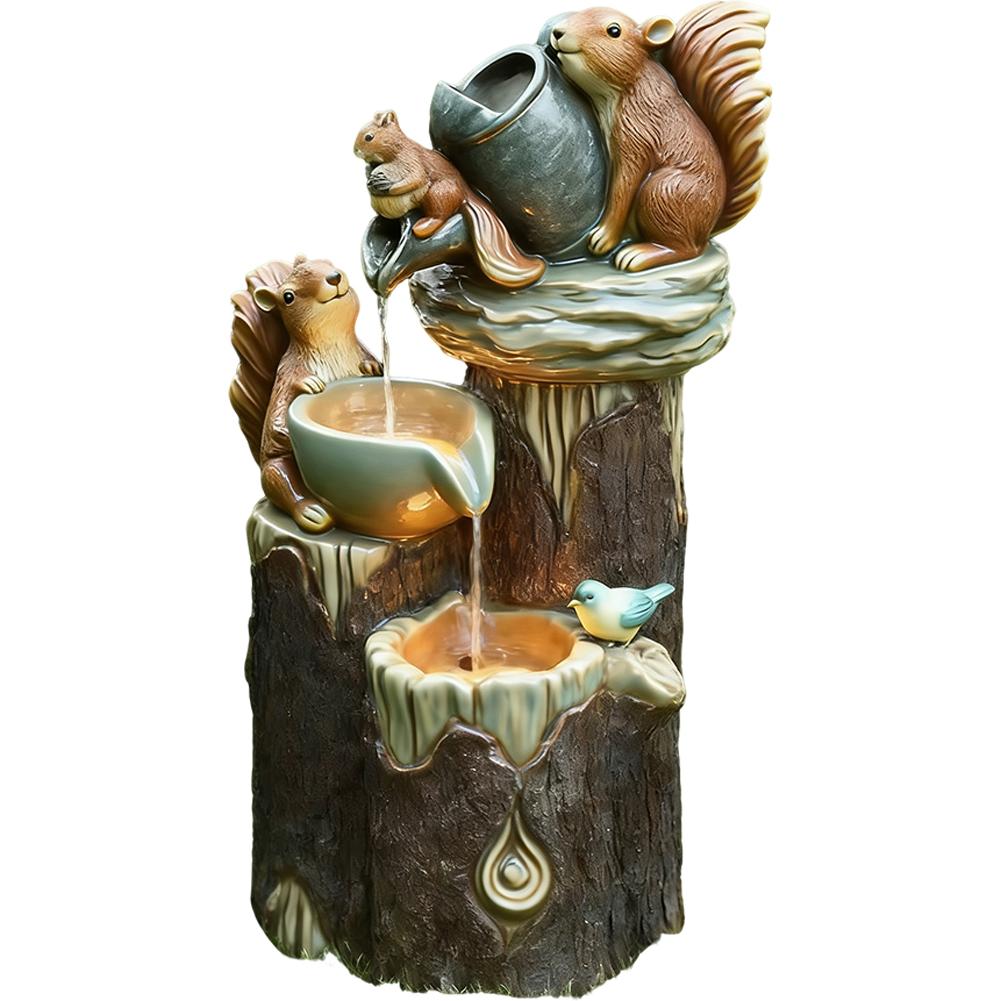 Duck /Squirrel Fountain Ornament Garden Duck Family Statue Outdoor Yard Miniature With Light Garden Decor For Patio Balcony Lawn