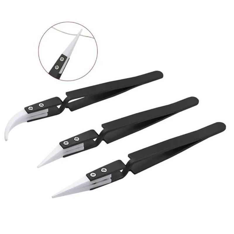 Ceramic Tips Tweezers Acid Resistant Anti-Static Electronic Soldering Tweezers Little Curved/Big Curved/Straight Tip