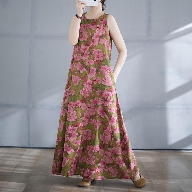 Ärmelloses Plus-Size-Baumwolle-Vintage-Blumenmuster, neue Kleider für Damen, lässig, locker, langes Sommerkleid