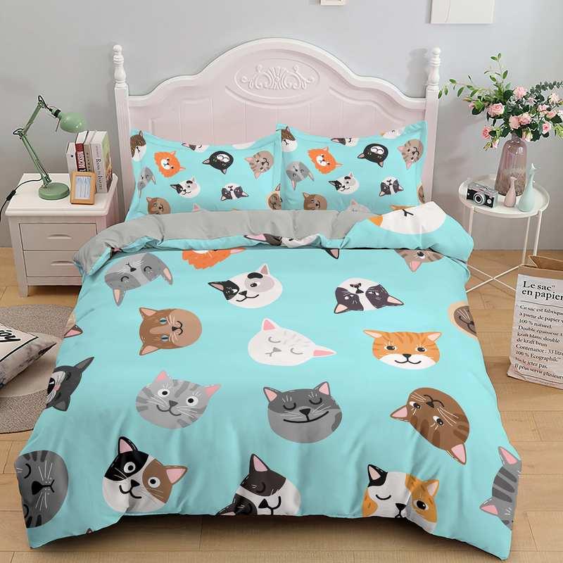 Cartoon Bedding Set Cute Cats Printed 3D Duvet Cover Set Twin Full Queen King Double Size Pillowcase Bedclothes 2/3pcs for Kids
