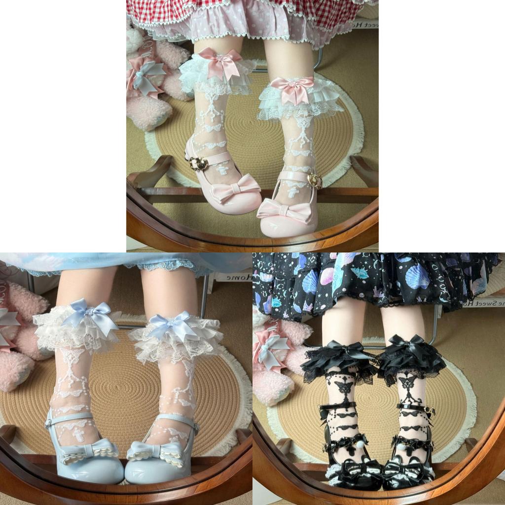 Lolita Butterfly Pattern Nylon Girls Midcalf Socks With Lace Trim For Spring Summer Wear