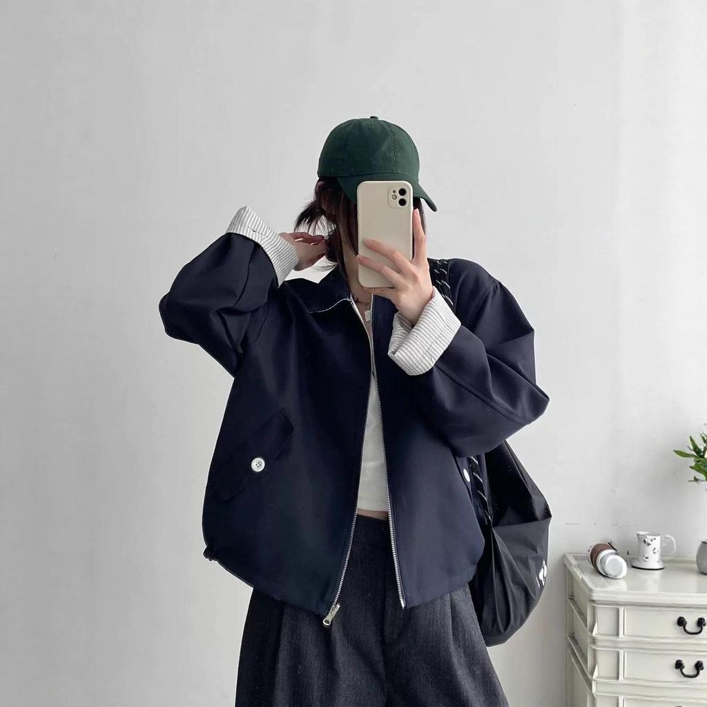 Retro Striped Reversible Jacket - Turn-Down Collar, Loose Casual Fit for Spring & Autumn 2025
