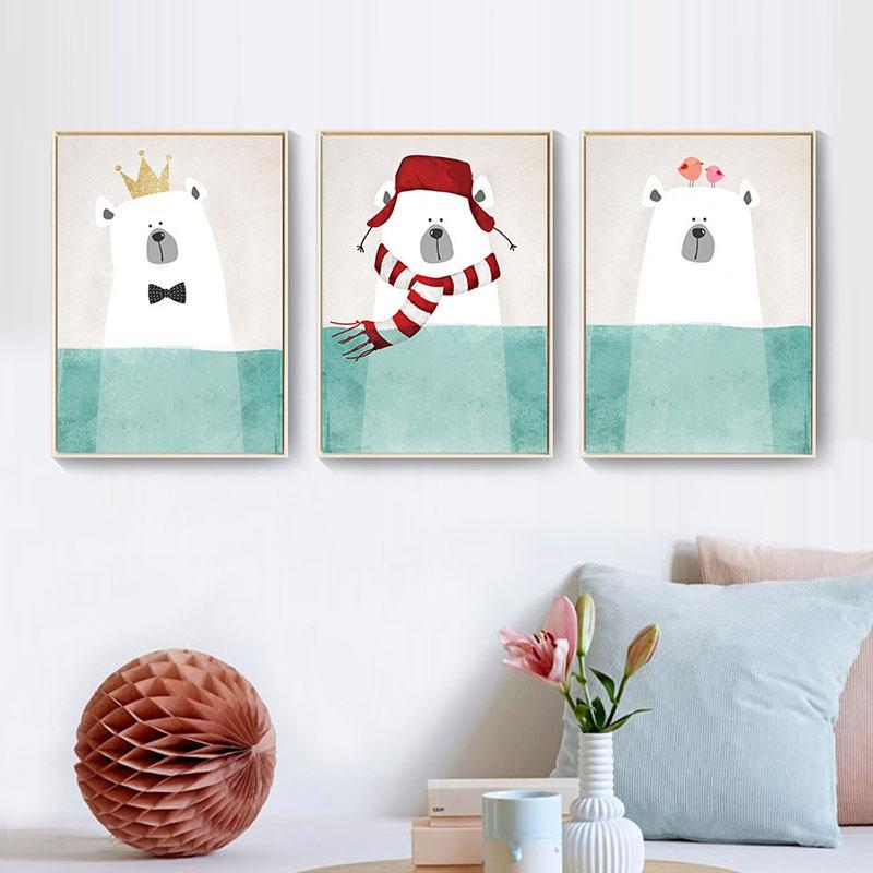 

Скандинавская декоративная картина на холсте, мультяшный медведь в красивой одежде, шляпа, шарф, плакаты с водой